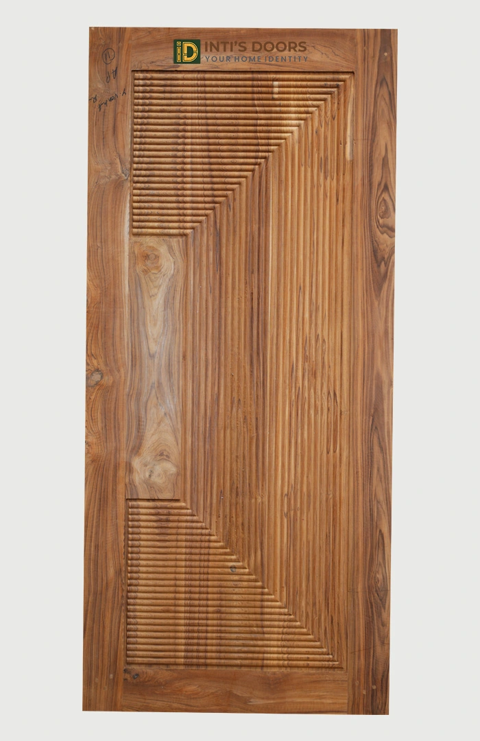 Hand-Carved Teak Wood Single Door with Geometric Linear Design